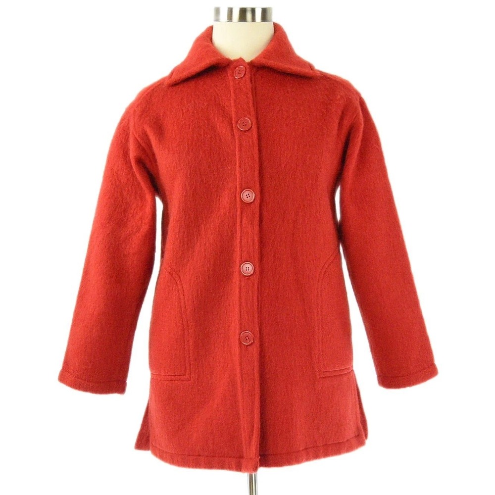 60s Vintage Sears Boiled Wool Coat Womens L Red Winter Shirt Jacket Boho Flannel